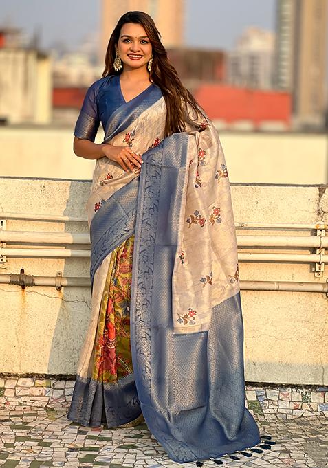 Blue Abstract Print Cotton Saree Set