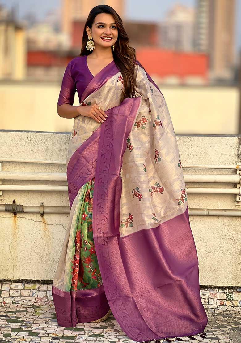 Purple Abstract Print Cotton Saree Set