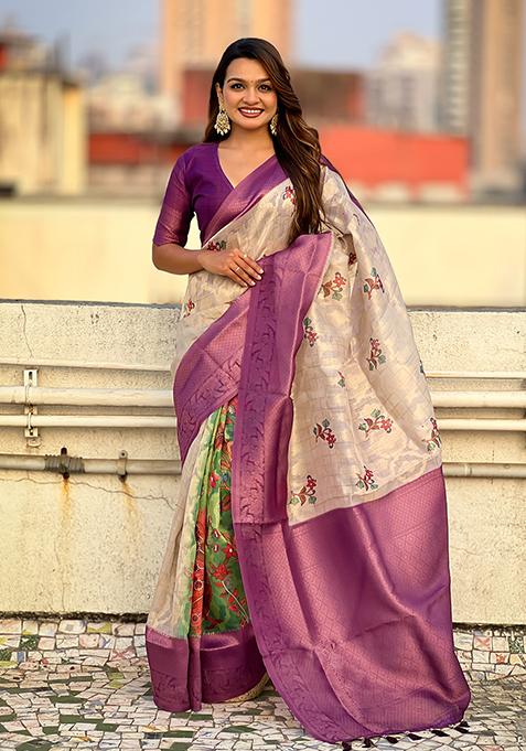 Purple Abstract Print Cotton Saree Set