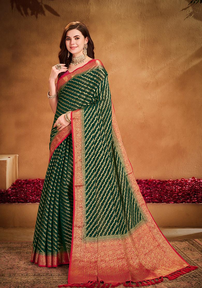 Green Zari Woven Georgette Saree Set