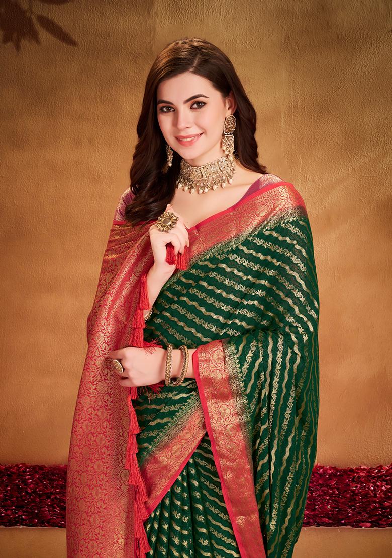 Green Zari Woven Georgette Saree Set