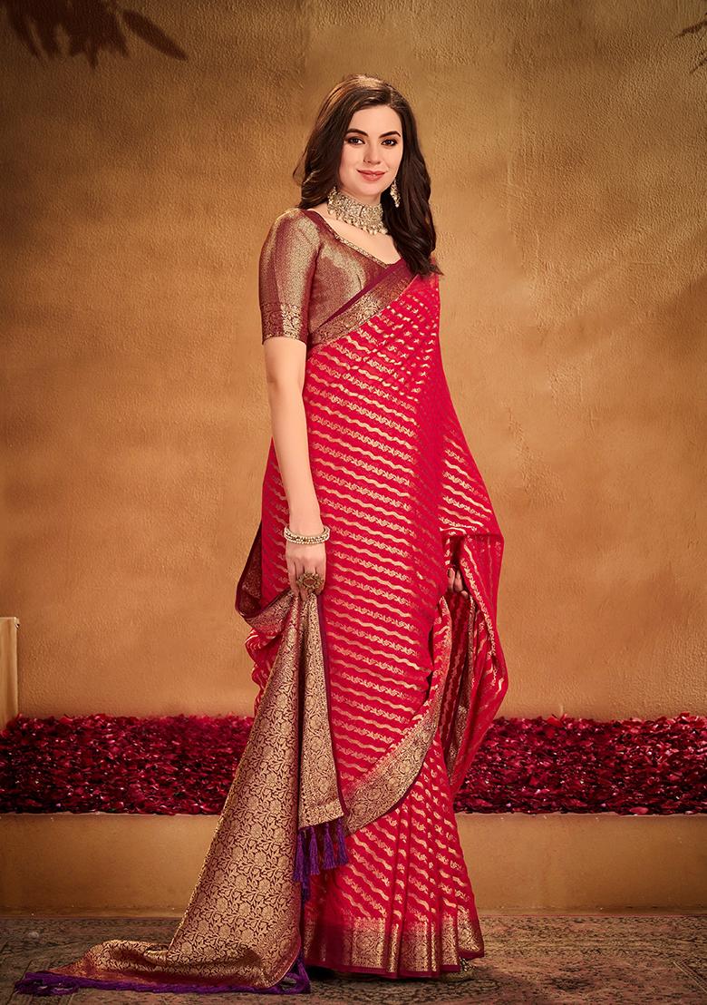 Red Zari Woven Georgette Saree Set
