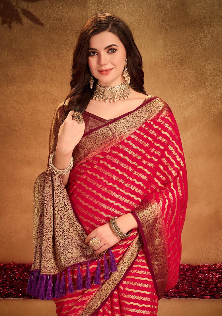 Red Zari Woven Georgette Saree Set