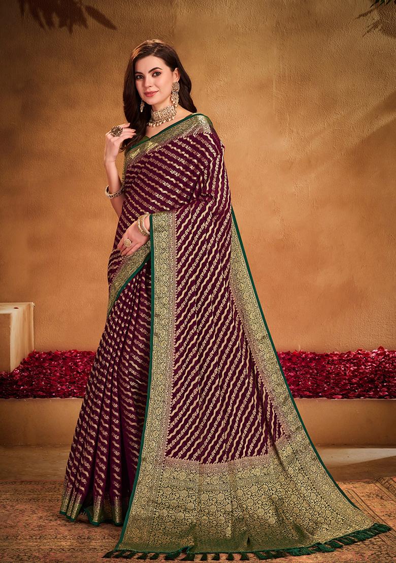 Wine Zari Woven Georgette Saree Set
