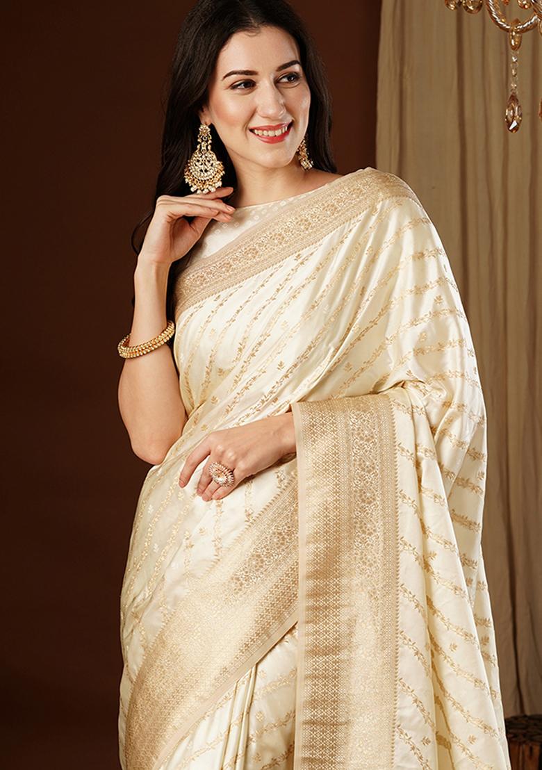 Cream Zari Woven Silk Saree Set