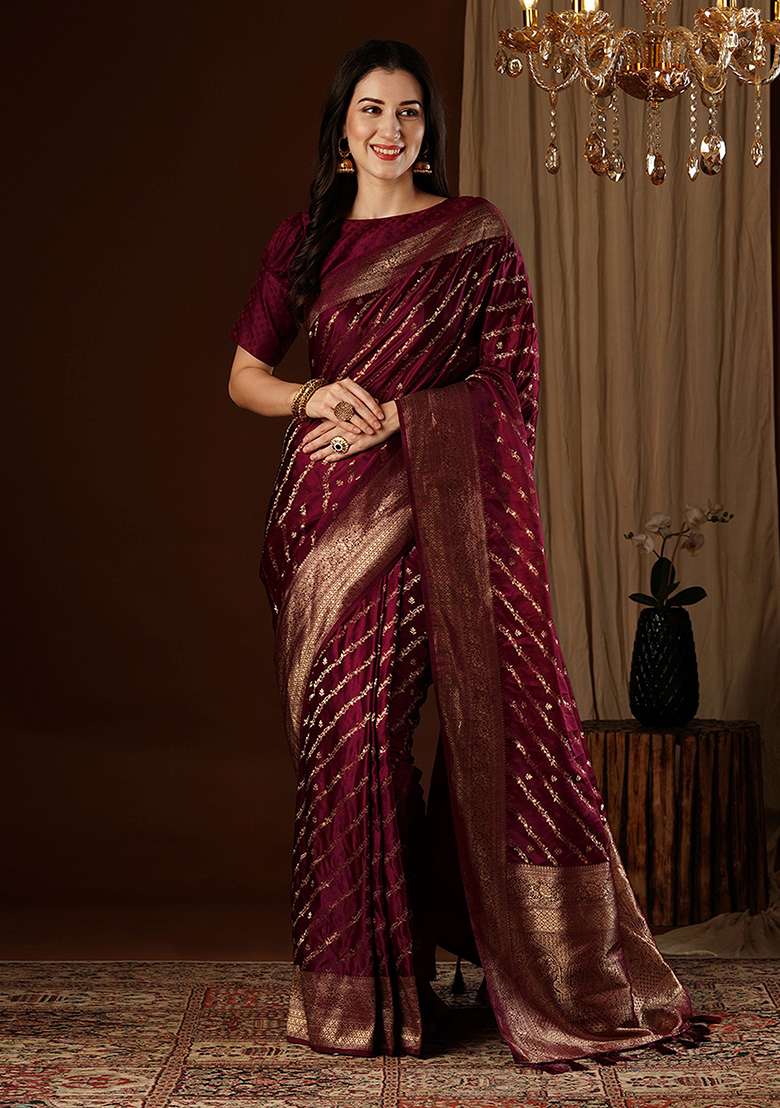 Maroon Zari Woven Silk Saree Set for Diwali and Festive Wear - Indya