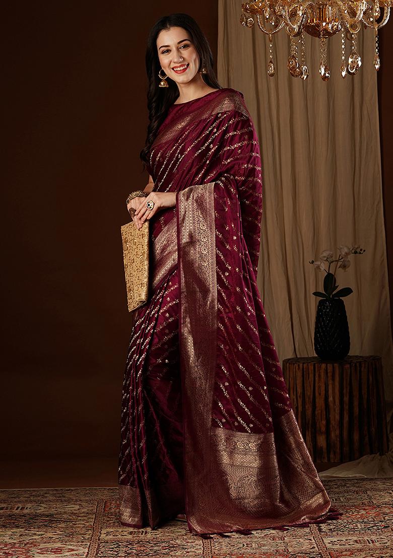 Maroon Zari Woven Silk Saree Set