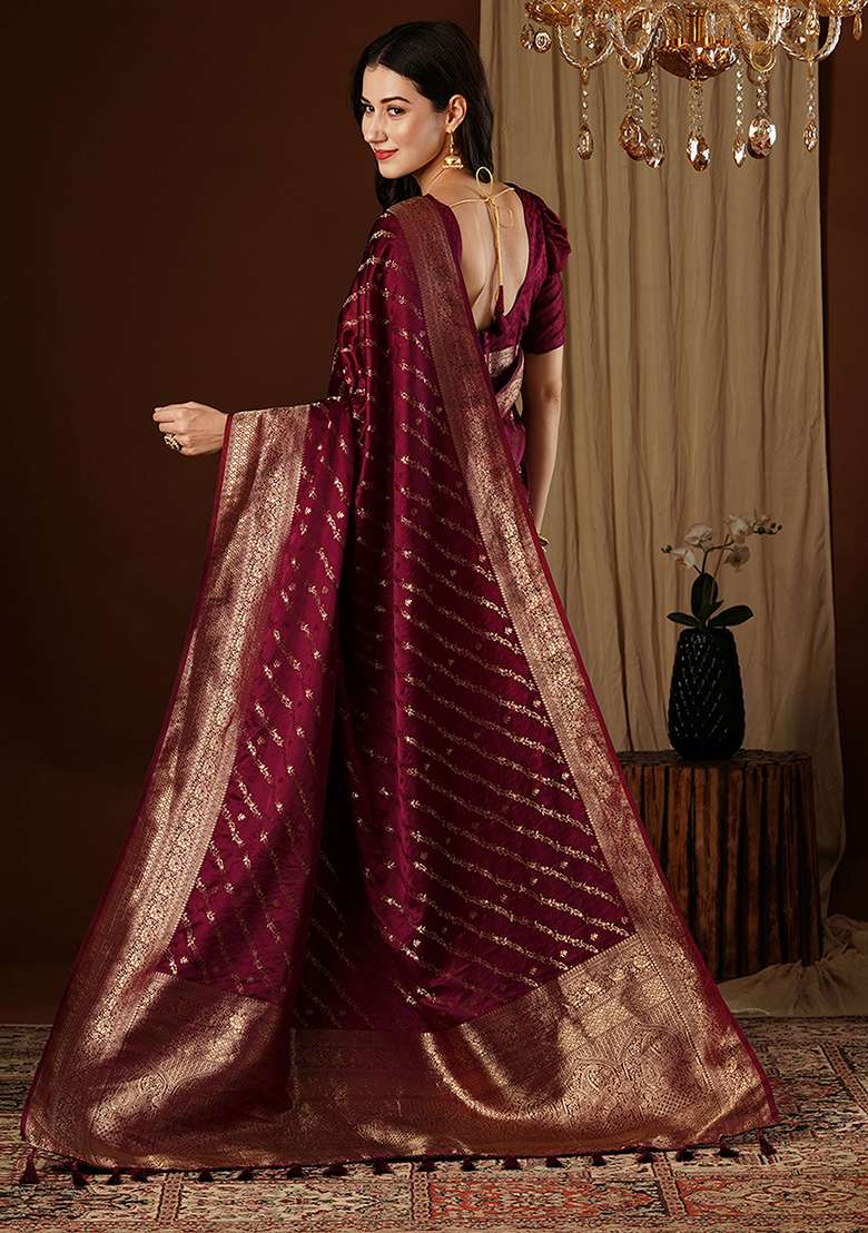Maroon Zari Woven Silk Saree Set for Diwali and Festive Wear - Indya