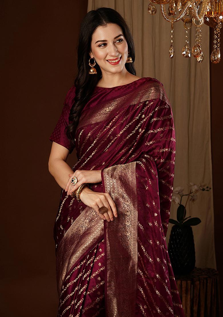 Maroon Zari Woven Silk Saree Set