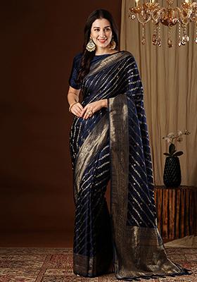 Navy Blue Zari Woven Silk Saree Set