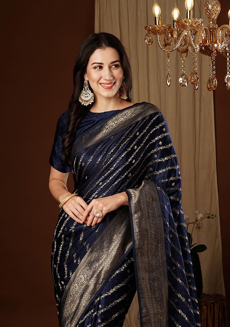 Navy Blue Zari Woven Silk Saree Set