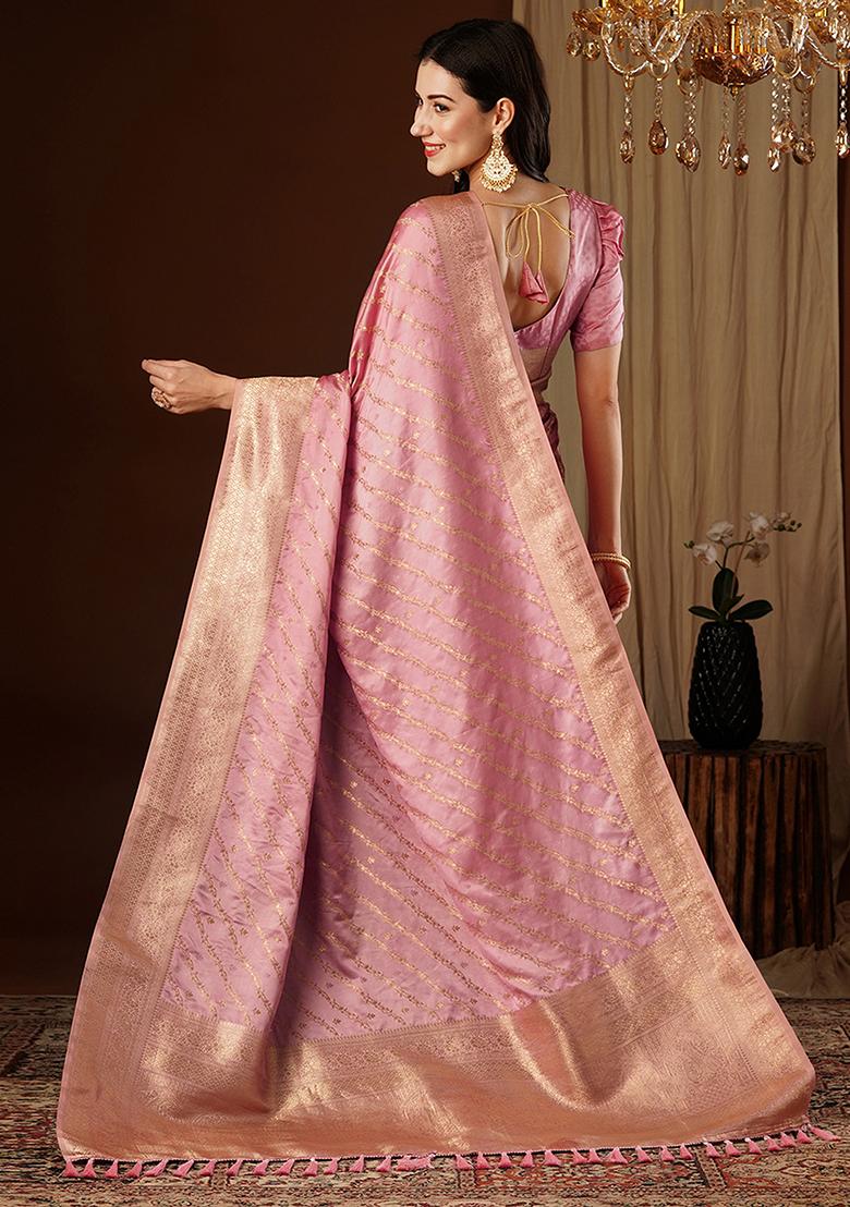 Peach Zari Woven Silk Saree Set