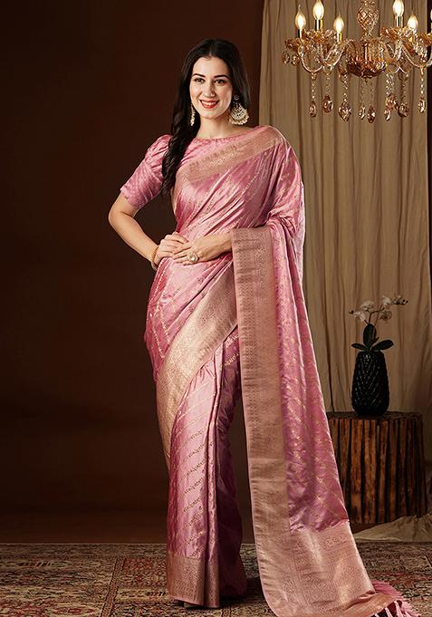 Peach Zari Woven Silk Saree Set
