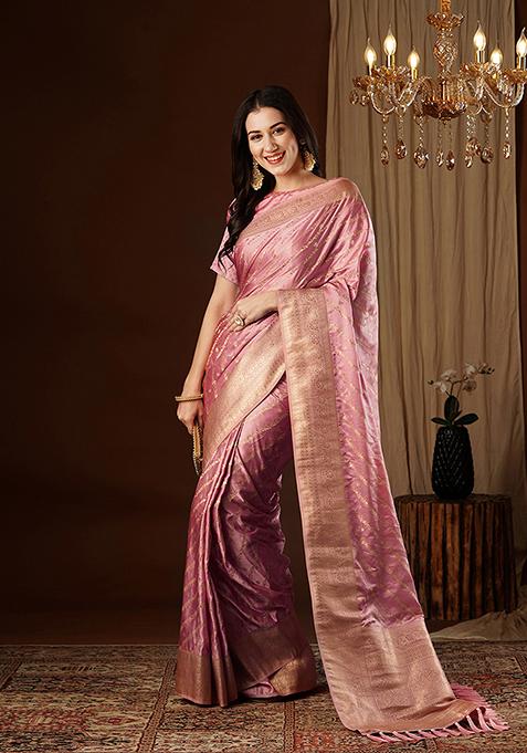 Peach Zari Woven Silk Saree Set