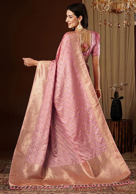 Peach Zari Woven Silk Saree Set