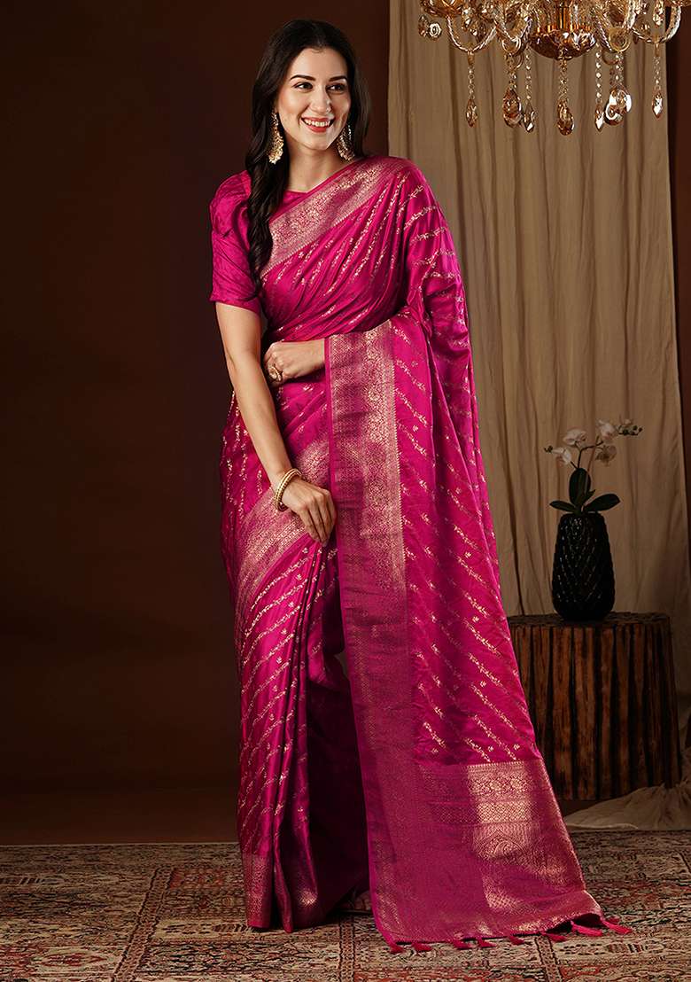 Pink Zari Woven Silk Saree Set for Diwali and Festive Wear - Indya