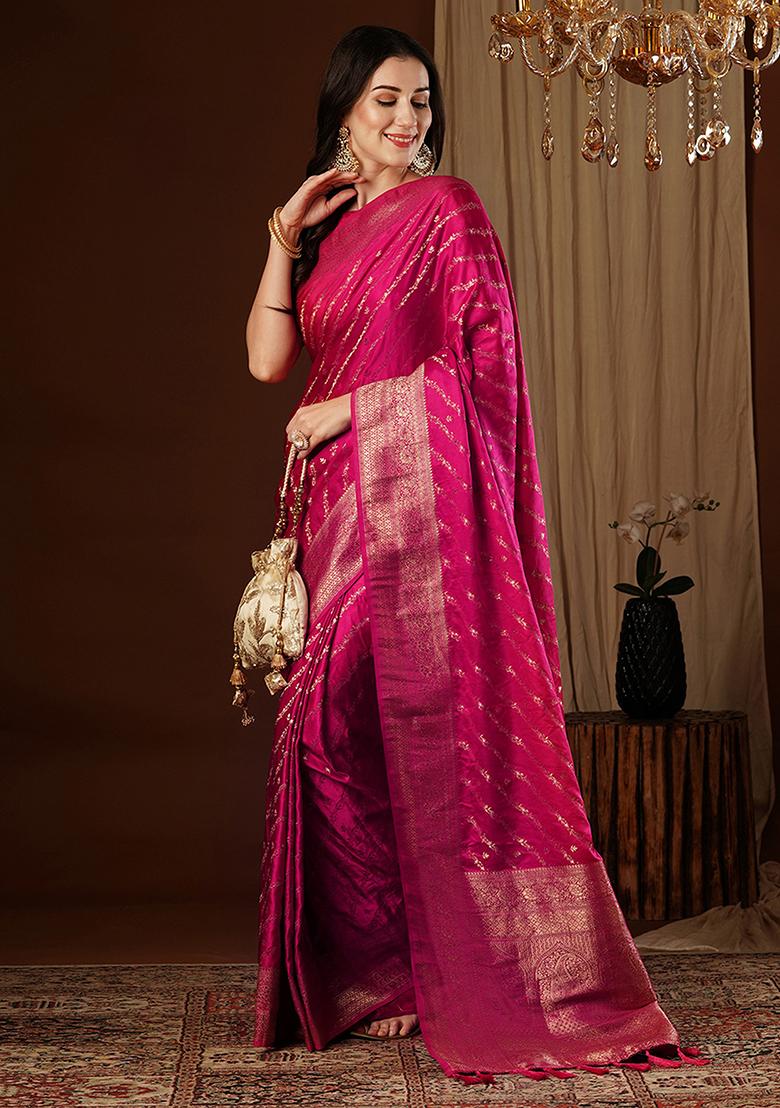 Pink Zari Woven Silk Saree Set