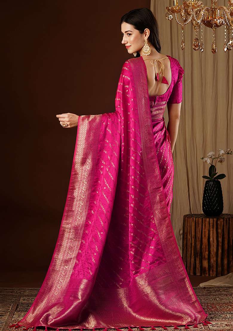 Pink Zari Woven Silk Saree Set for Diwali and Festive Wear - Indya