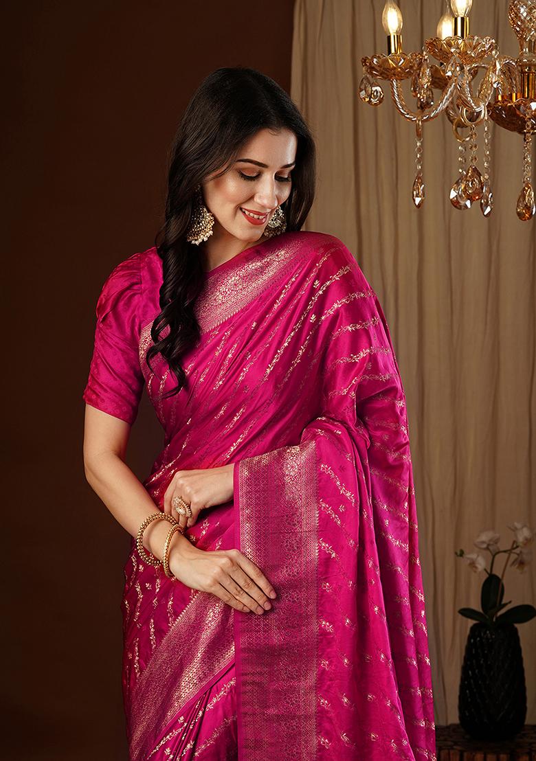Pink Zari Woven Silk Saree Set