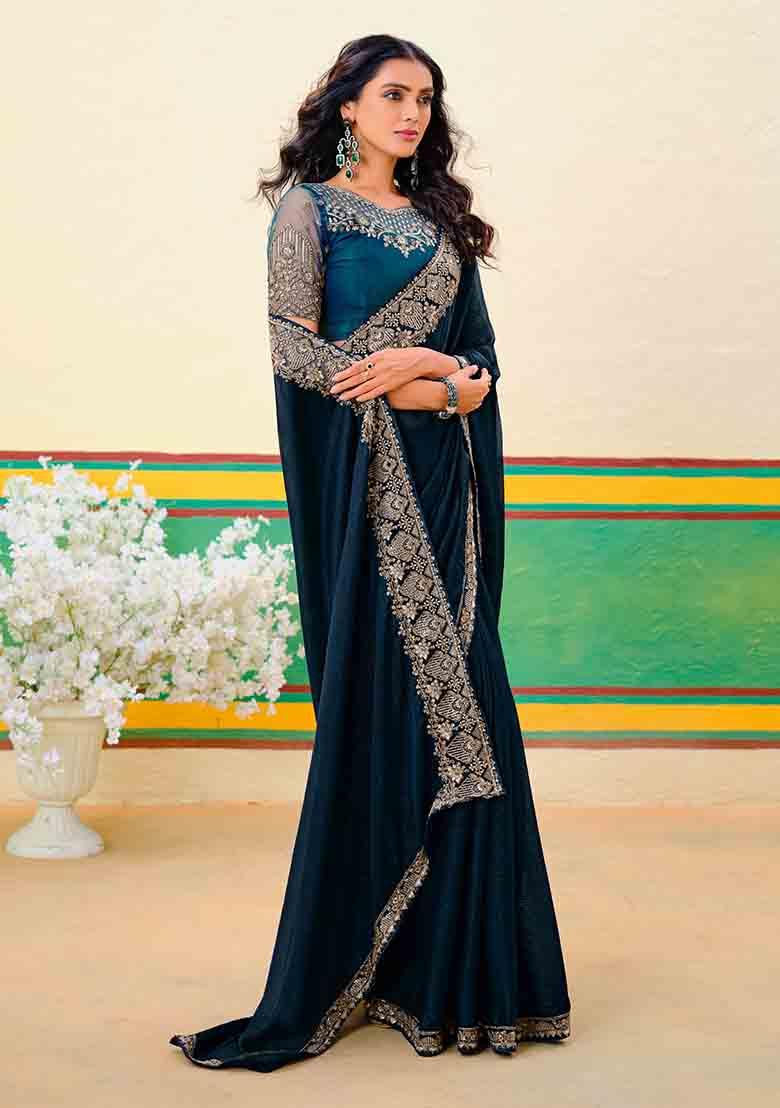 Blue Zari Work Georgette Saree Set