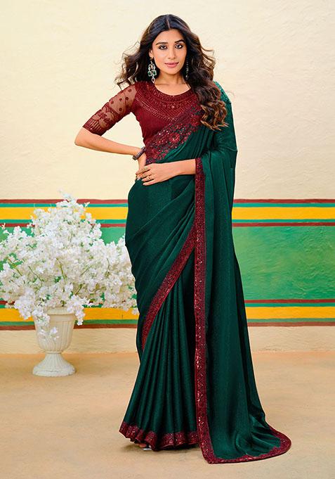 Dark Green Zari Work Georgette Saree Set
