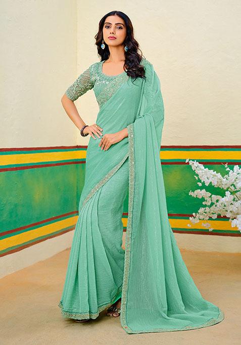 Teal Zari Work Georgette Saree Set