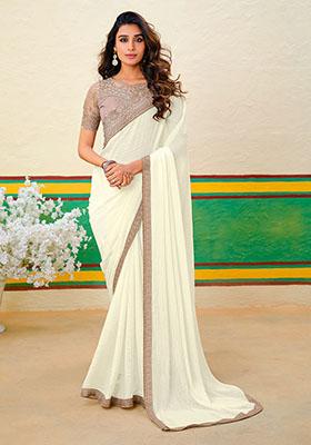 Off White Zari Work Georgette Saree Set