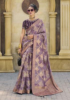 Purple Zari Woven Jacquard Saree Set
