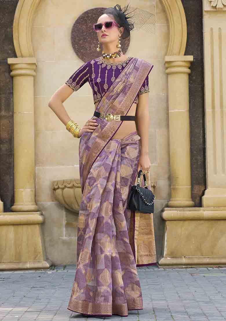 Purple Zari Woven Jacquard Saree Set