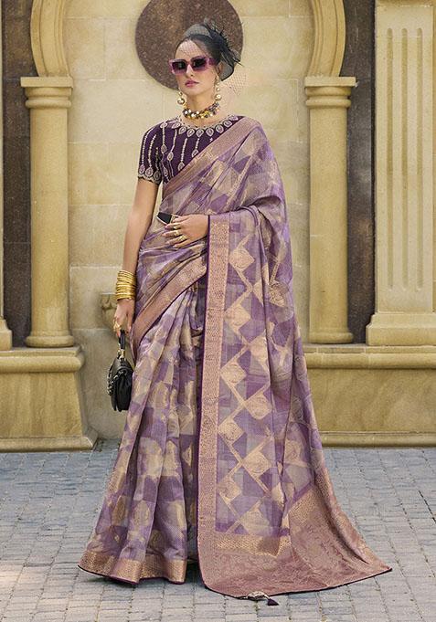 Purple Zari Woven Jacquard Saree Set