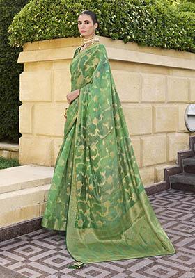 Green Zari Woven Jacquard Saree Set