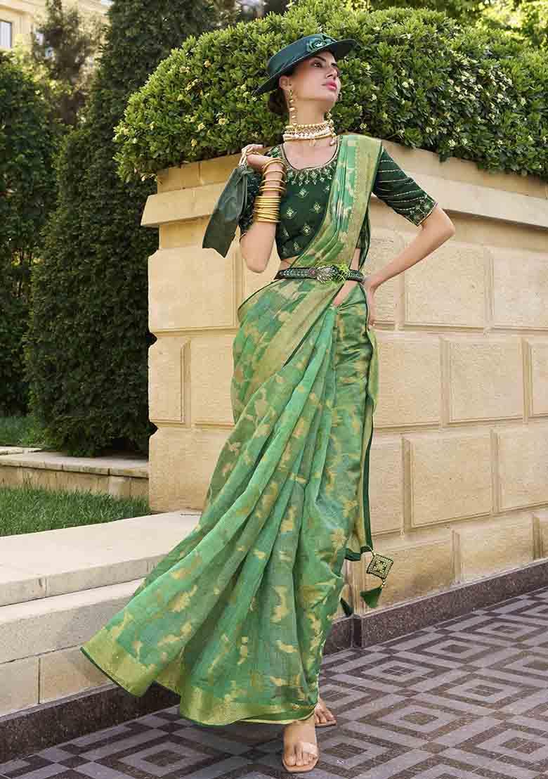 Green Zari Woven Jacquard Saree Set