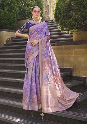Lavender Zari Woven Jacquard Saree Set