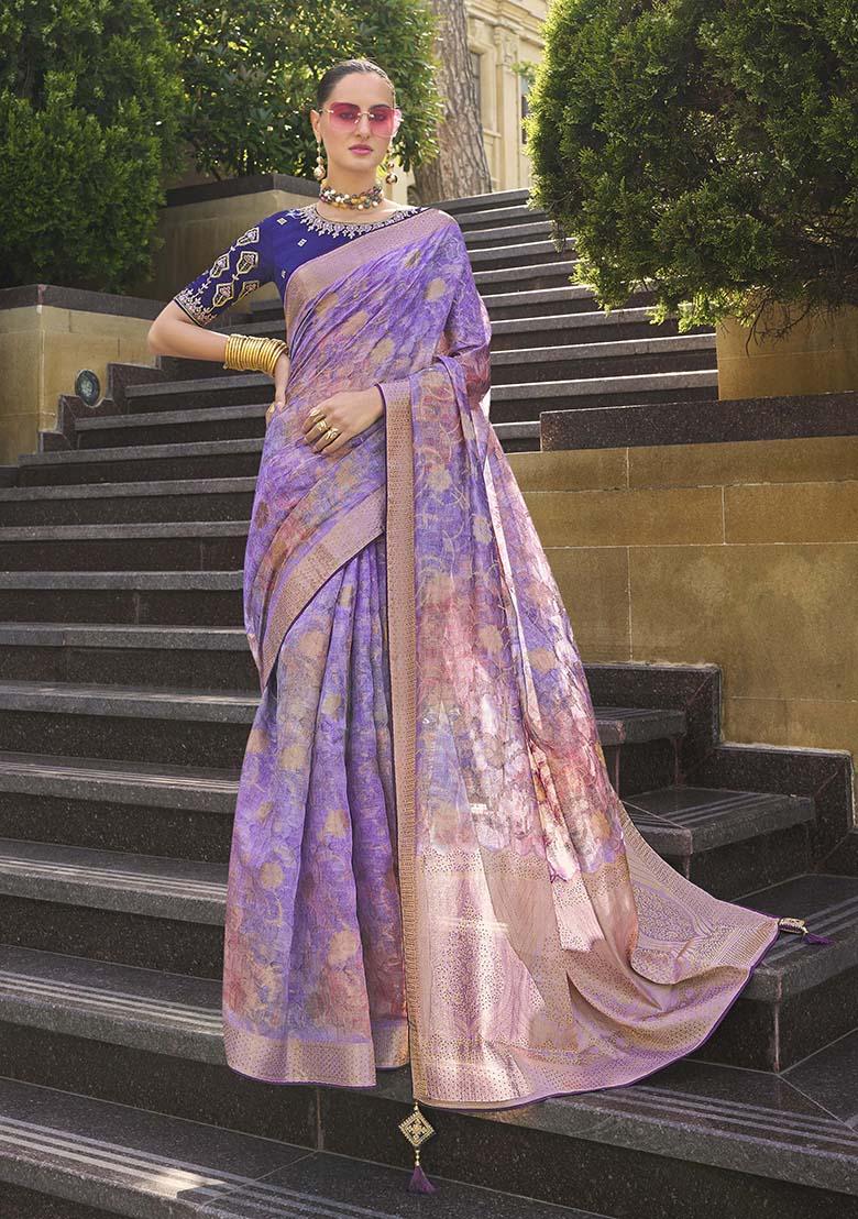 Lavender Zari Woven Jacquard Saree Set