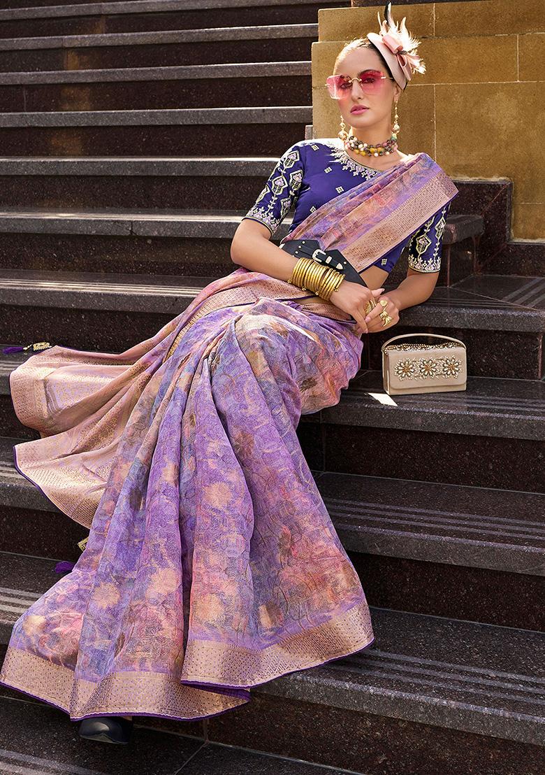 Lavender Zari Woven Jacquard Saree Set