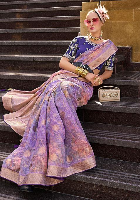 Lavender Zari Woven Jacquard Saree Set