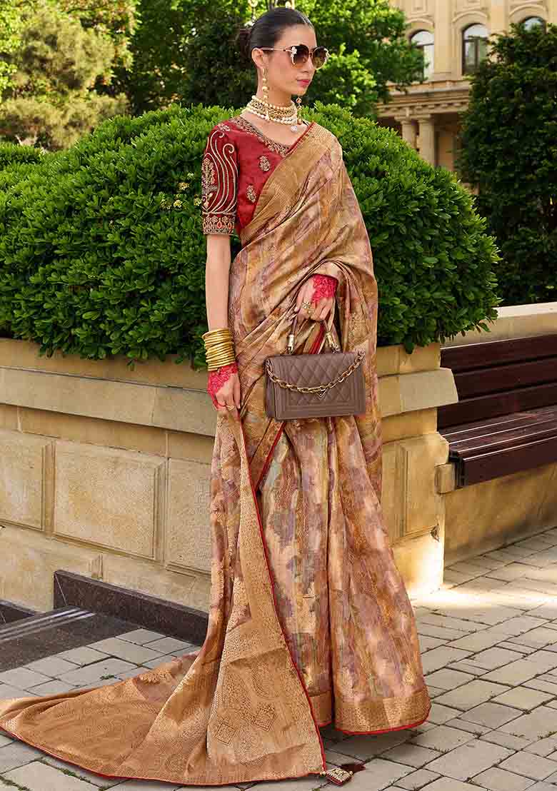 Rust Zari Woven Jacquard Saree Set