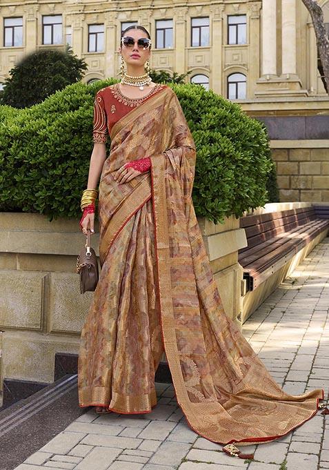 Rust Zari Woven Jacquard Saree Set