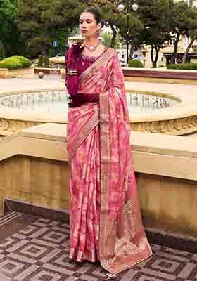 Pink Zari Woven Jacquard Saree Set