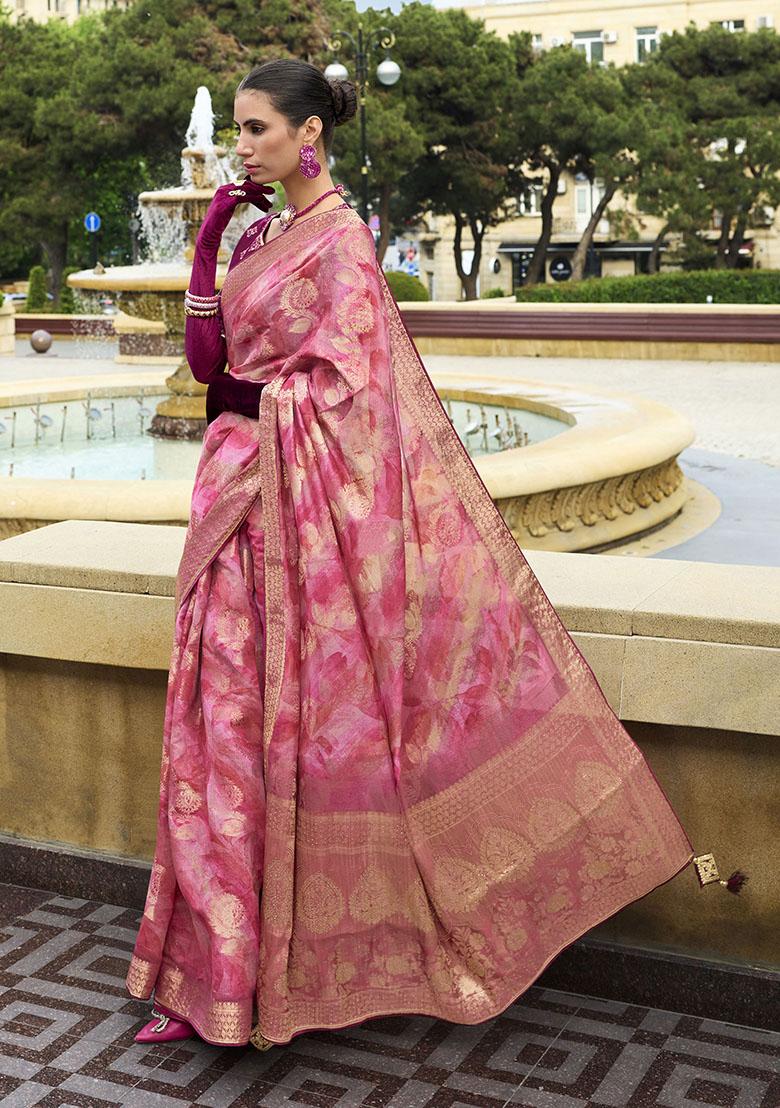 Pink Zari Woven Jacquard Saree Set