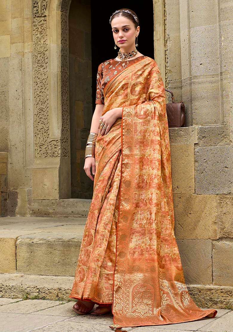 Orange Zari Woven Jacquard Saree Set - Indya