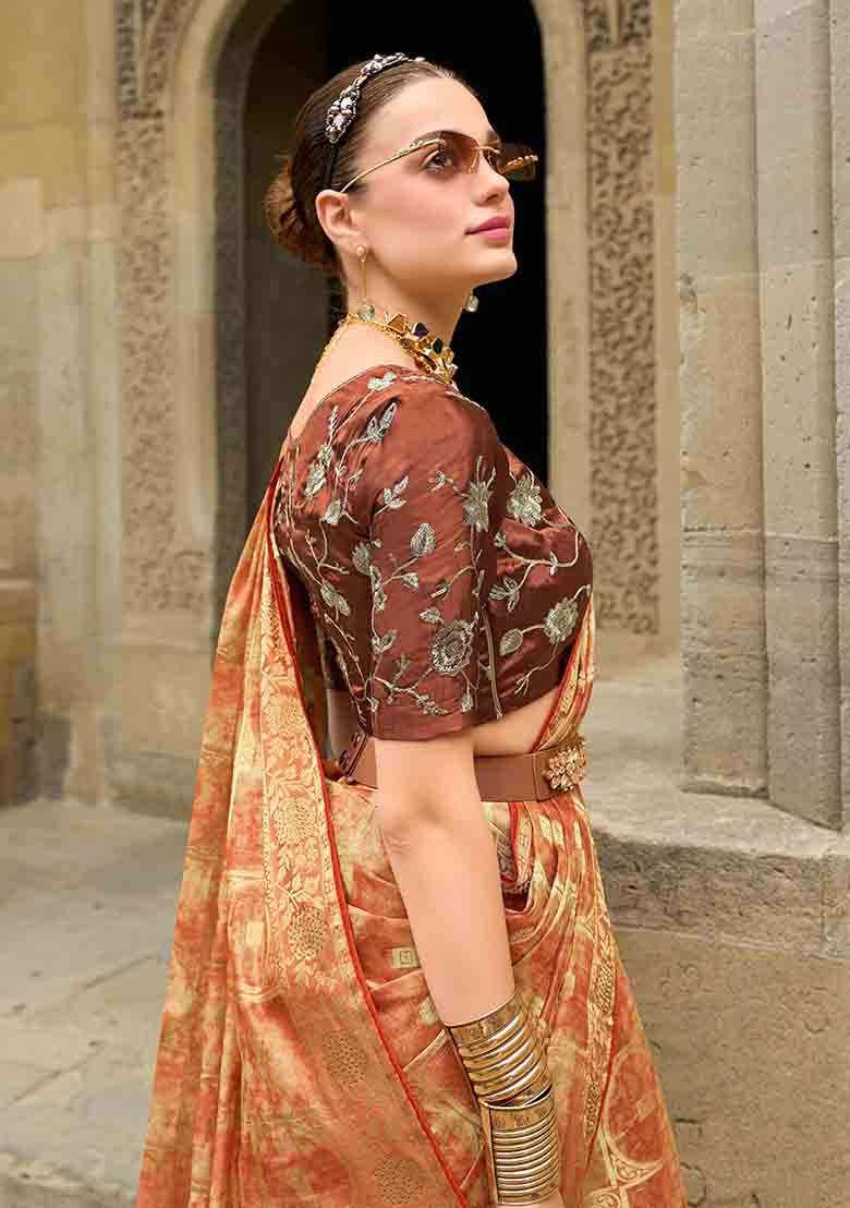 Orange Zari Woven Jacquard Saree Set - Indya