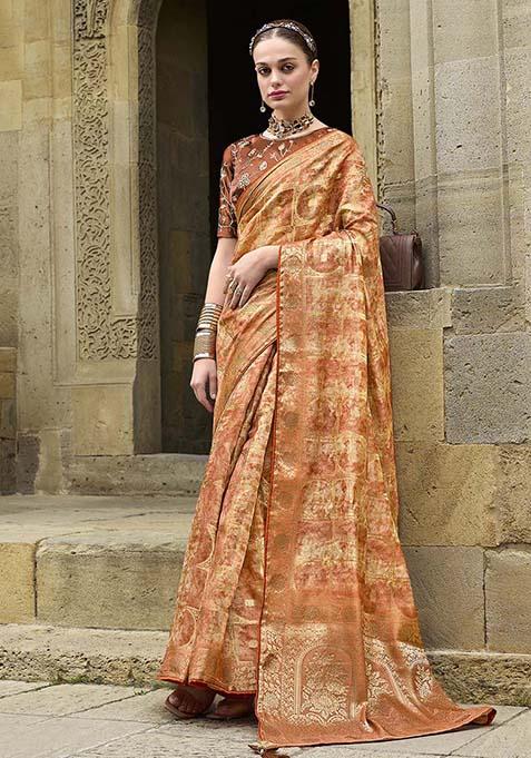 Orange Zari Woven Jacquard Saree Set