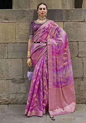 Pink Zari Woven Jacquard Saree Set