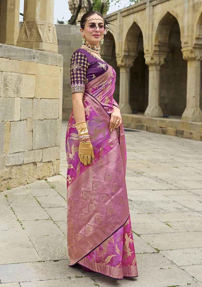 Pink Zari Woven Jacquard Saree Set