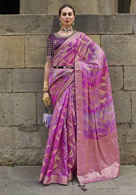 Pink Zari Woven Jacquard Saree Set