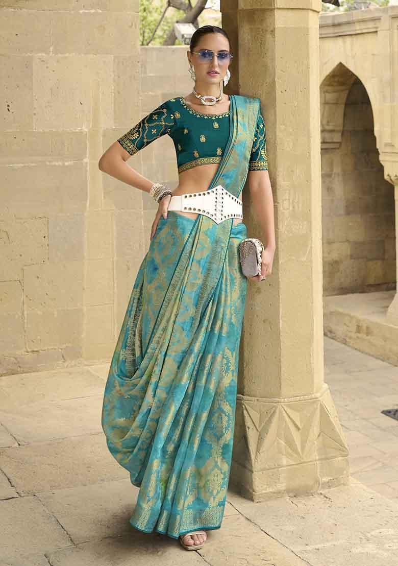 Sea Green Zari Woven Jacquard Saree Set