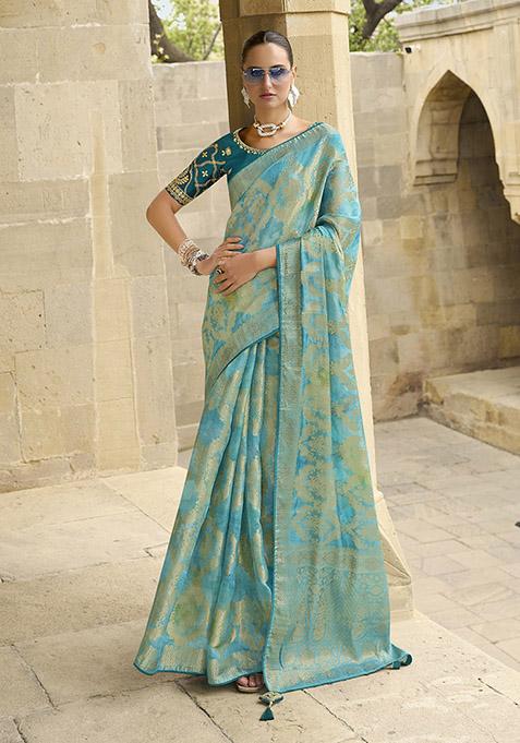 Sea Green Zari Woven Jacquard Saree Set