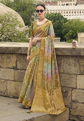 Green Zari Woven Jacquard Saree Set