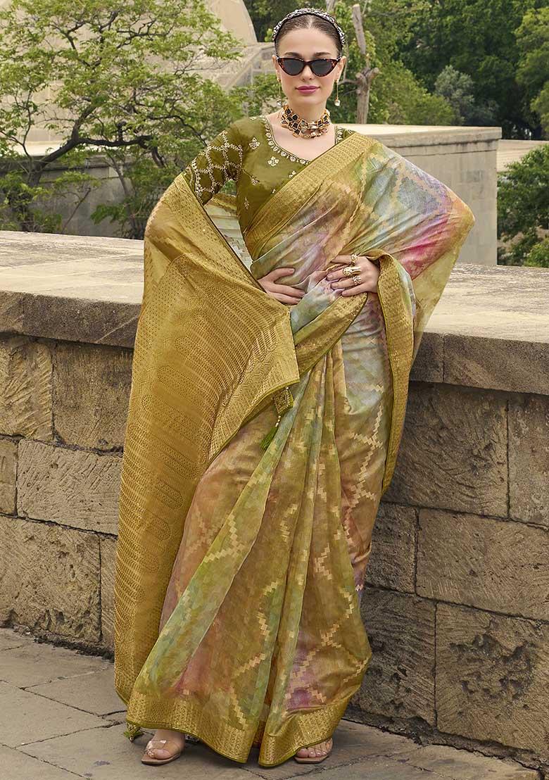 Green Zari Woven Jacquard Saree Set